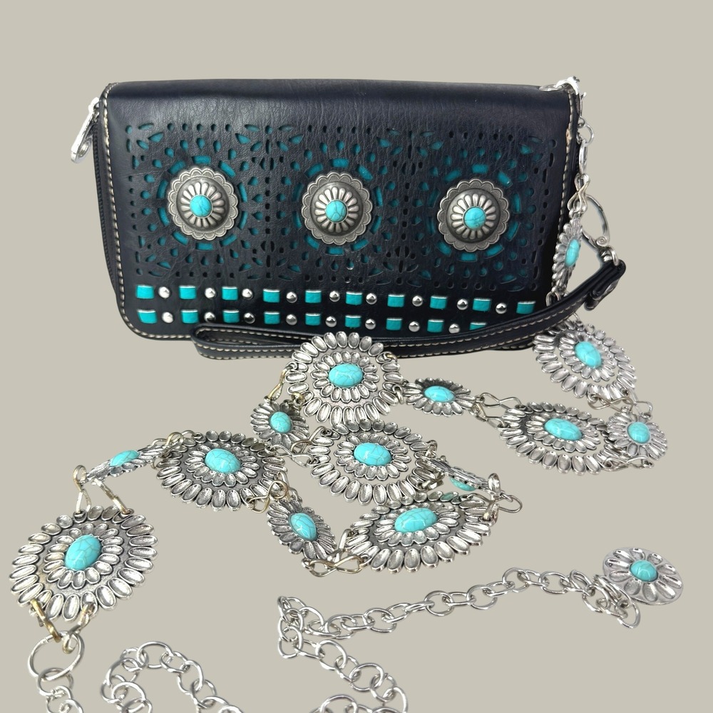 American Bling Wallet Women OS Black Turquoise Concho Cutout Western Rodeo Boho